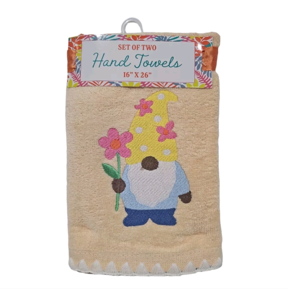 2pc Colorful Gnome Flower Bath Hand Towels  Embroidered Striped New